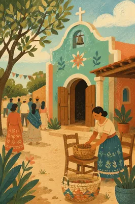 Colorful African Community Church Morning Scene