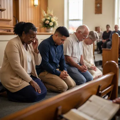 People Kneeling in Sunlit Church Sanctuary