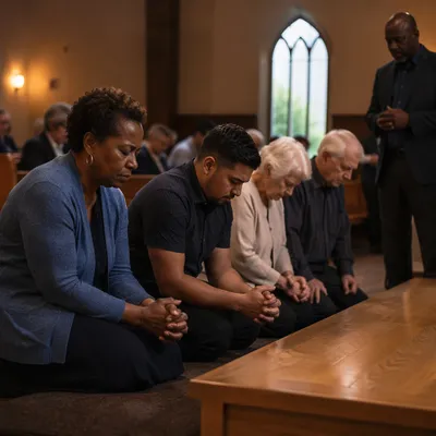 Worshippers Kneeling in Church Sanctuary Prayer