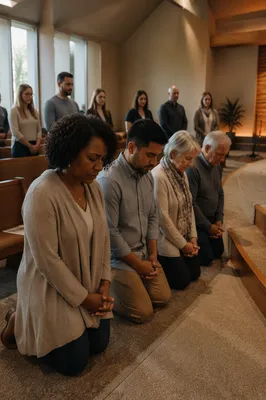 Congregants Kneeling in Prayer at Church Front