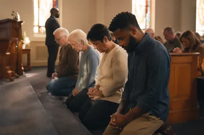 Adults Kneeling in Prayer at Church