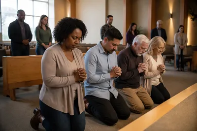 Congregants Kneeling in Prayer at Church Front