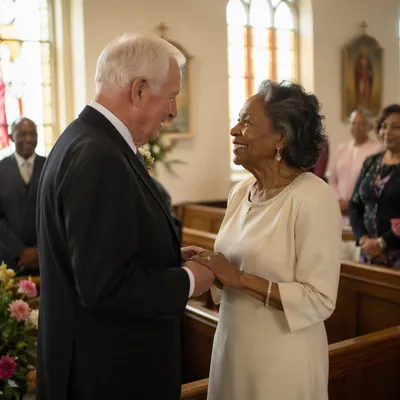 Elderly Couple Celebrating in Sunlit Church