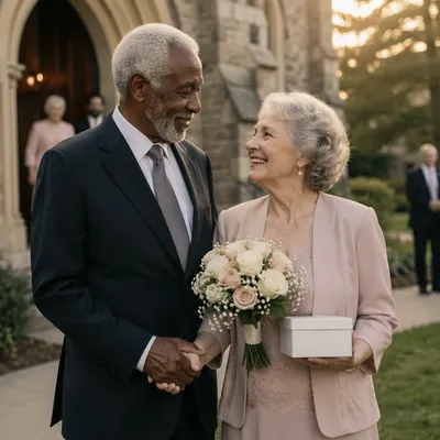 Elderly Couple Celebrating Outside Small Church