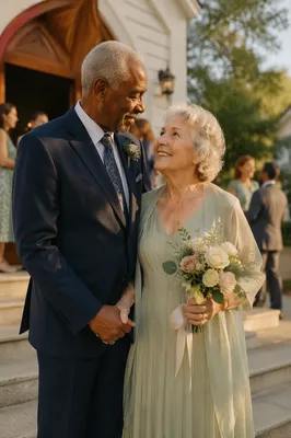 Elderly Couple Celebrating Outside Small Church