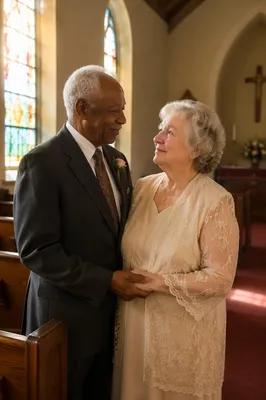 Elderly Couple Holding Hands in Church