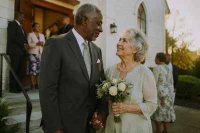 Elderly Couple Celebrating Outside Small Church