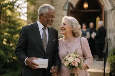 Elderly Couple Celebrating Outside Small Church