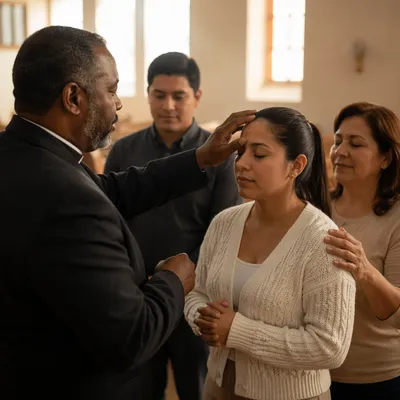 Pastor Anointing Woman in Sunlit Sanctuary