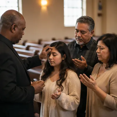 Pastor Anointing Woman in Church Prayer