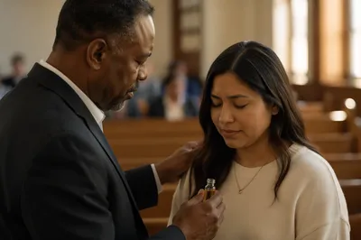 Pastor Praying with Woman in Church