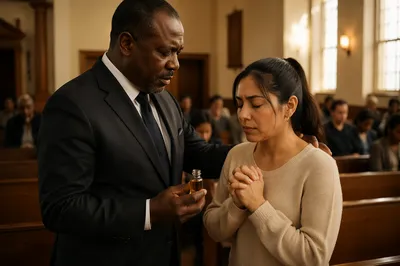 Pastor Praying With Woman in Church