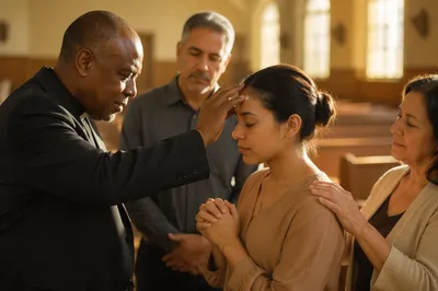 Pastor Anointing Woman in Sunlit Sanctuary