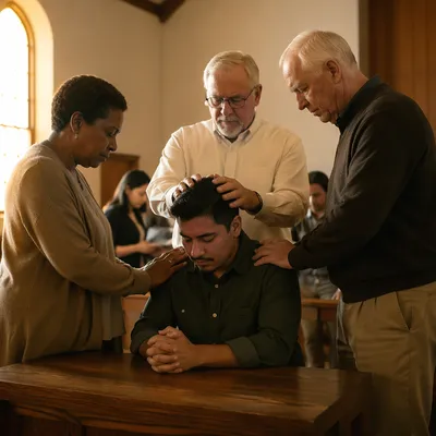 Elders Praying Over Kneeling Young Man