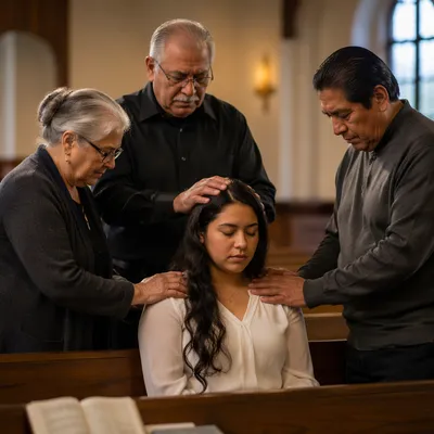 Elders Praying Over Young Woman in Church