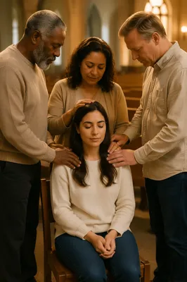 Elders Praying Over Seated Young Woman