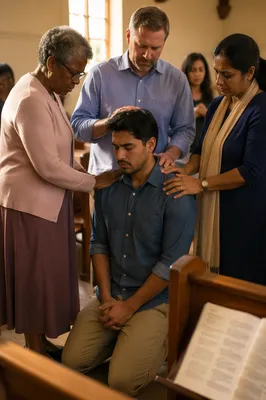 Elders Praying Over Kneeling Man