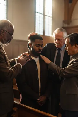 Elders Praying with Young Man in Church