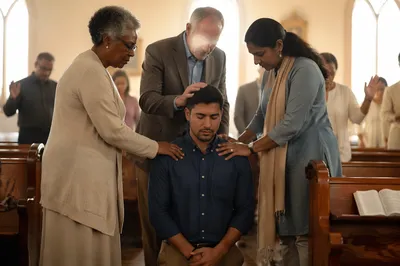 Elders Praying Over Kneeling Young Man