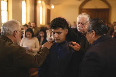 Elders Praying Over Young Man in Church