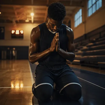 Athlete Kneeling in Prayer on Court