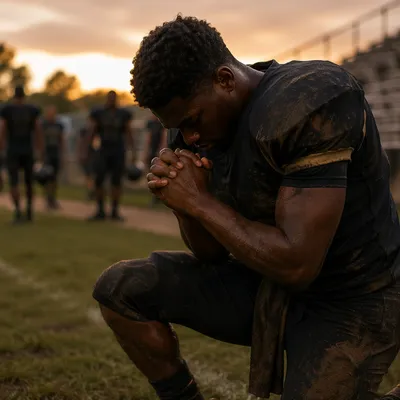 Athlete Kneeling in Prayer at Dusk