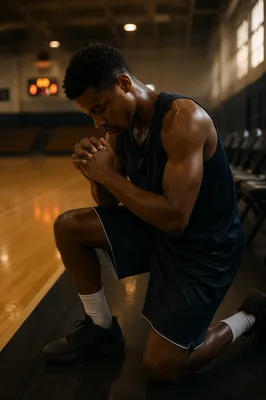 Athlete Kneeling in Prayer on Basketball Court