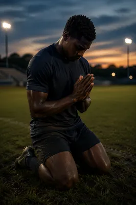 Athlete Kneeling on Field at Dusk
