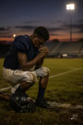 Football Player Kneeling in Twilight Prayer