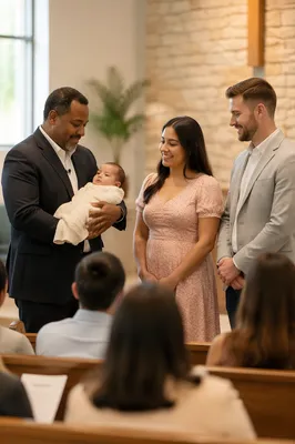Pastor Holding Infant with Smiling Parents