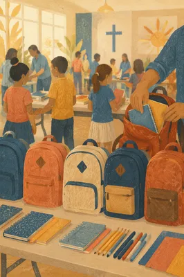 Church Backpack Giveaway with School Supplies