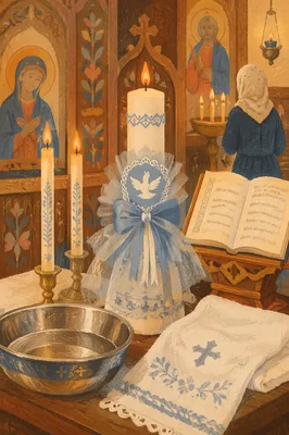 Baptism Candle with White Dove in Church