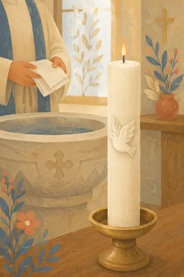 White Baptism Candle with Dove Symbol