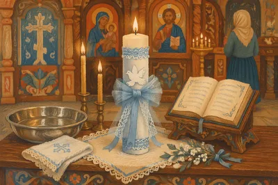 Baptism Candle with White Dove in Church