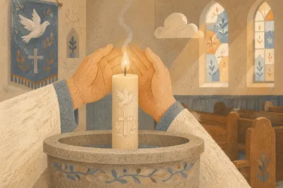 Baptism Candle with White Dove in Church