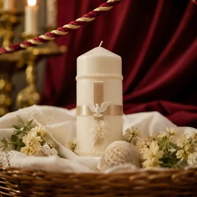 White Baptism Candle with Dove Symbol