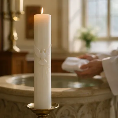 White Baptism Candle with Dove Symbol
