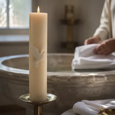 Ivory Baptism Candle with White Dove
