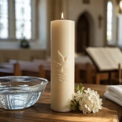 Baptism Candle with White Dove in Chapel