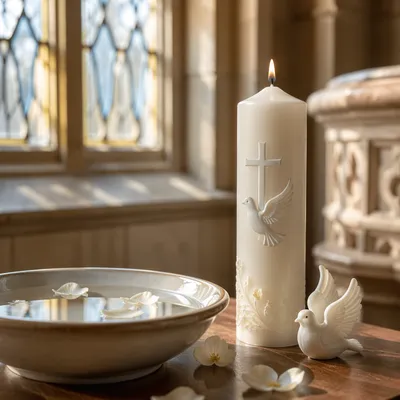 White Baptism Candle with Dove Symbol