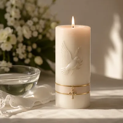 White Baptism Candle with Dove Symbol