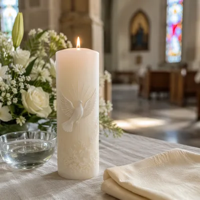 White Baptism Candle with Dove Symbol