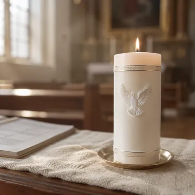White Baptism Candle with Dove Symbol