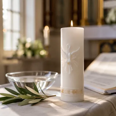 White Baptism Candle with Dove Symbol