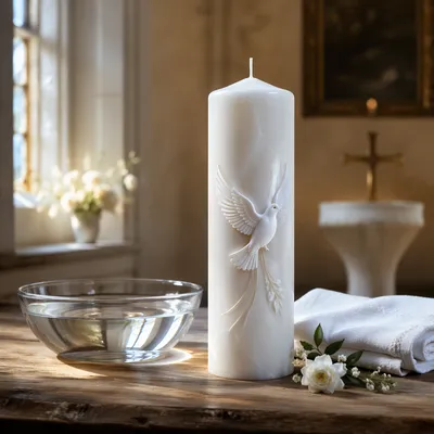 White Baptism Candle on Chapel Table