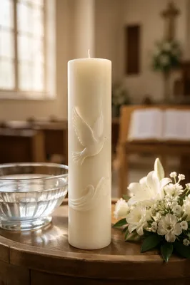 Ivory Baptism Candle with Dove Symbol