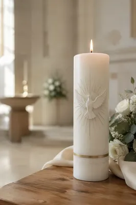 White Baptism Candle on Wooden Table