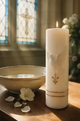 White Baptism Candle with Dove Symbol