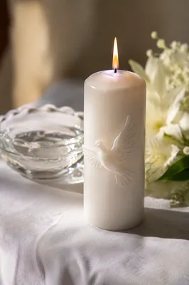 White Baptism Candle with Dove Symbol