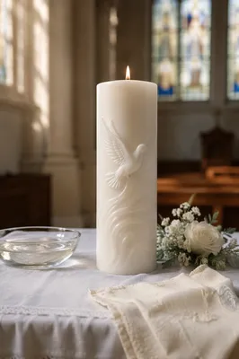White Baptism Candle with Dove Symbol